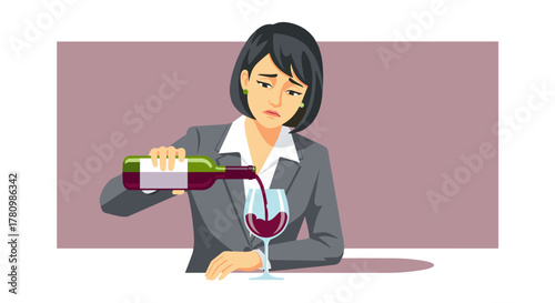 A stressed Asian businesswoman pours herself a glass of wine, showcasing the pressures and burnout she's experiencing in her demanding work life.