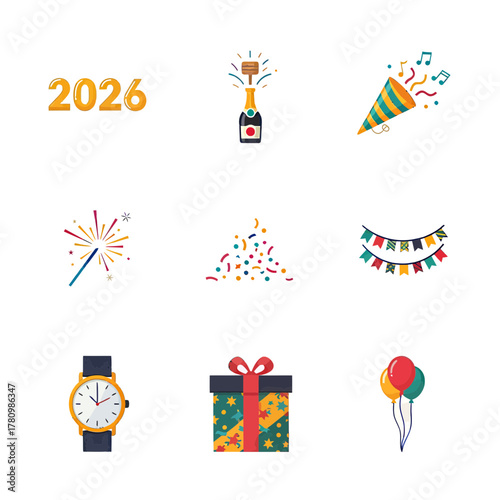 Festive 2026 new year celebration icons set, representing joy and future anticipation