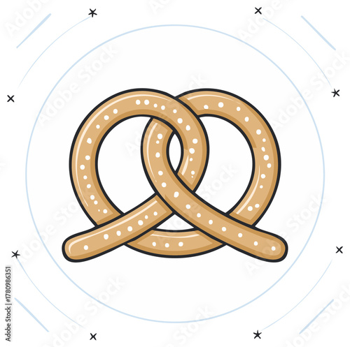 Illustration of a classic pretzel with salt crystals, presented in a simple, modern style with a white background and graphic embellishments.