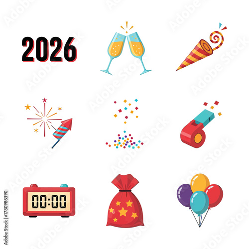 Festive 2026 new year celebration icons, embodying joyful commencement and optimistic countdown