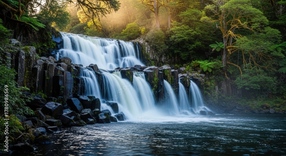 Fototapeta premium Waterfall Cascading Over Dark Basalt Rocks. Lush Green Foliage Framing a Natural Waterfall. Serene Landscape of a Frothy Waterfall.