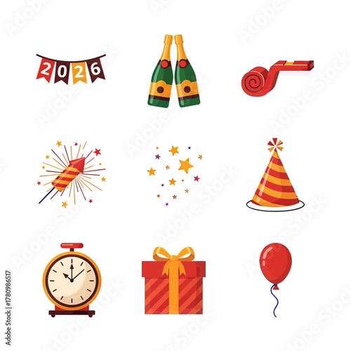 Festive 2026 New Year's Celebration Graphic Elements Collection Isolated and Arranged Nicely