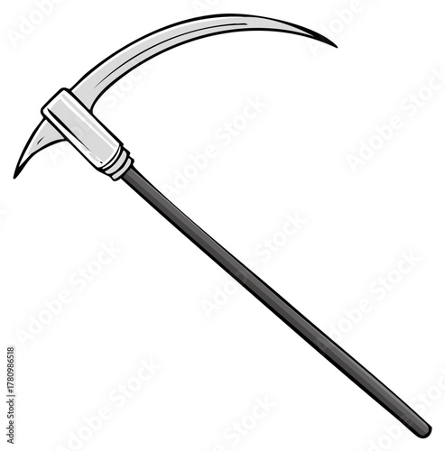 Illustration of a curved scythe with a long wooden handle, weapon