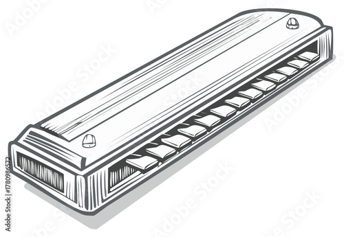 Hand Drawn Illustration of a Blues Harmonica with Shadow