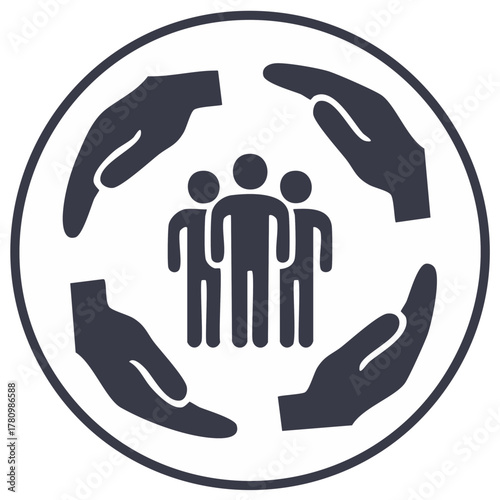 Community support concept with human figures protected by embracing hands within a circle