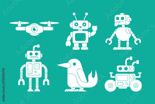 robot humanoid drone quadcopter bird toy wheeled vector icons set