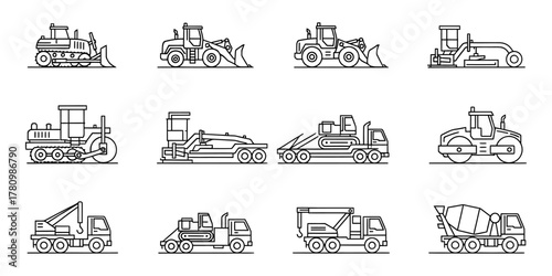 Heavy construction machinery vehicle line icons set