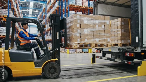 Warehouse worker operating a forklift loading pallets of packaged goods into a truck indoors