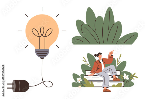 Light bulb with unplugged cord beside a relaxed woman sitting on wooden planks surrounded by greenery. Ideal for creativity, relaxation, eco-lifestyle, mindfulness, problem-solving, innovation
