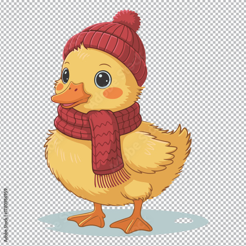 A charming illustration of a fluffy yellow duckling dressed warmly in a red knitted hat and scarf, ready for cold weather, for Christmas, transparent background