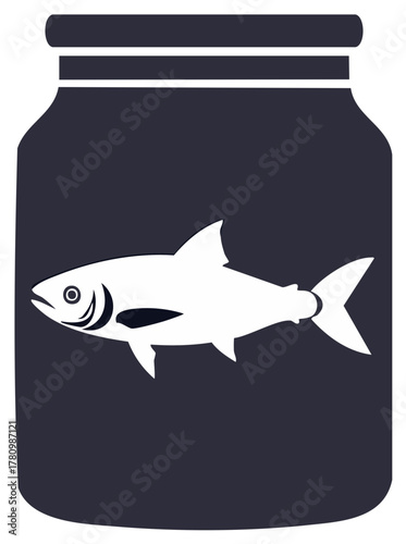 Graphic illustration of a single fish preserved inside a dark sealed jar