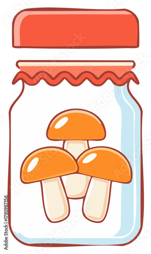 Illustration of Mushrooms in a Jar Cartoon Style