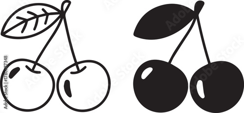 cherry outline and silhouette vector icon set for print and web