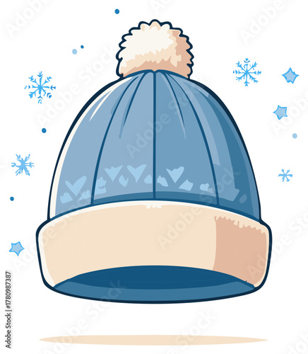 Cozy blue winter hat with fluffy pom pom surrounded by falling snowflakes and star shapes