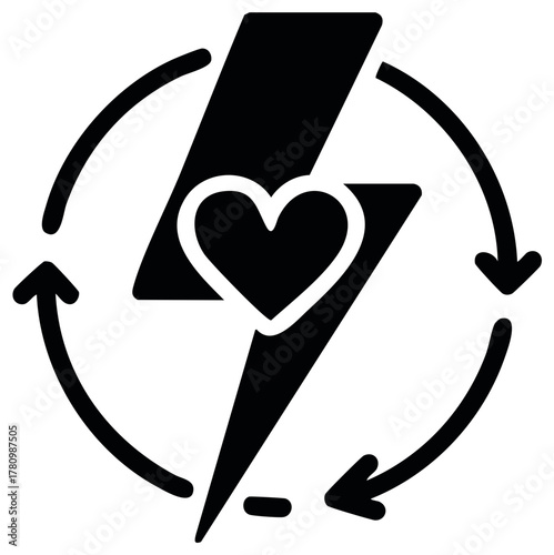 Energy recharge and heart health icon with circular arrows and lightning bolt symbol