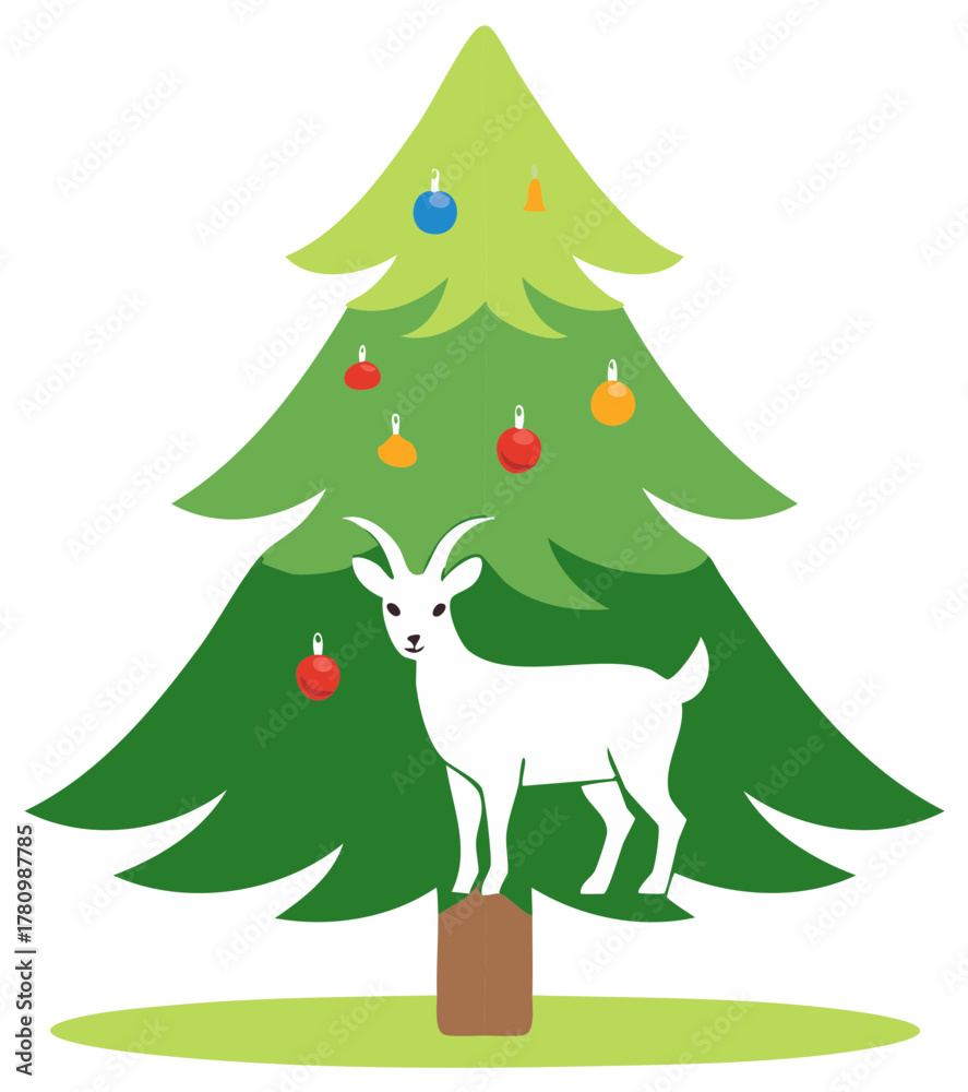 Naklejka premium Illustration of a stylized goat standing beneath a decorated Christmas tree.