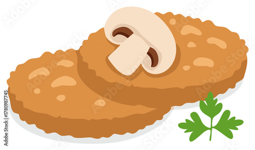 Fried meat cutlets with mushroom and parsley garnish flat vector illustration