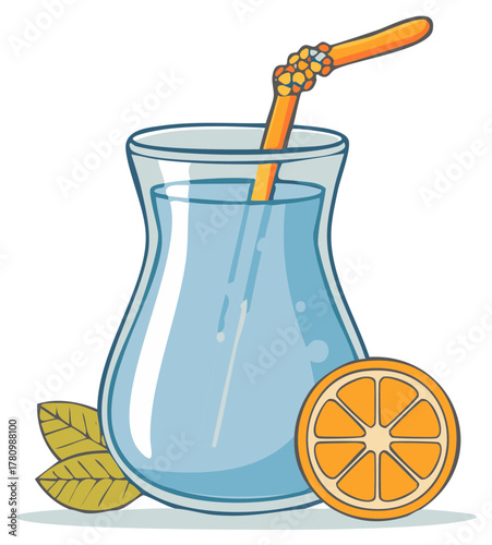 Refreshing glass of cold lemonade with a straw, a slice of orange, and mint leaves