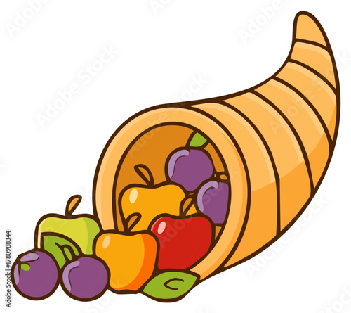 Cornucopia overflowing with apples and plums, symbolizing abundance and harvest