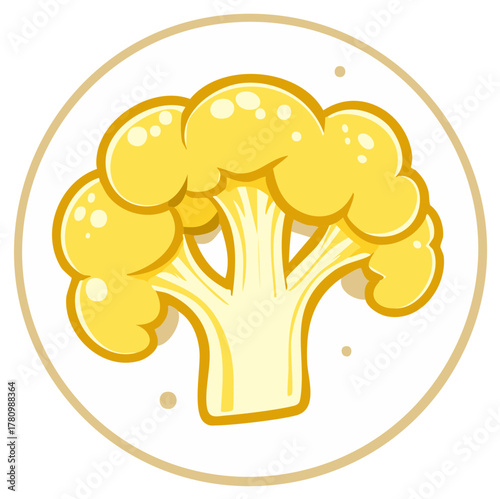 Yellow cauliflower graphic in a circle on white, healthy food concept, illustration.