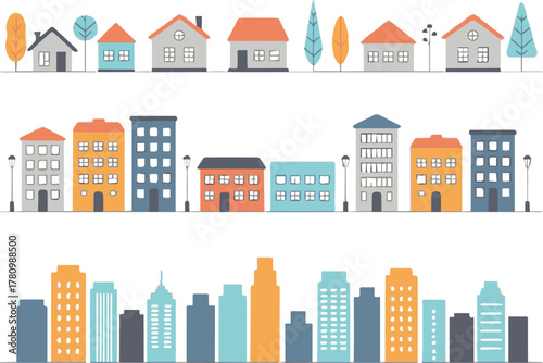 city suburban neighborhood homes apartments skyscrapers skyline vector