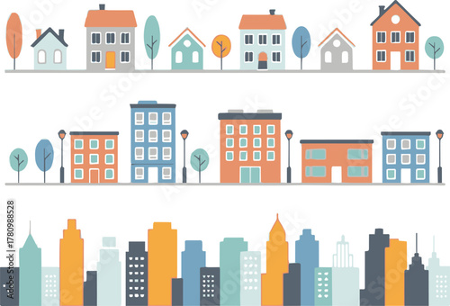 city skyline skyscrapers midrise apartment houses suburban street vector