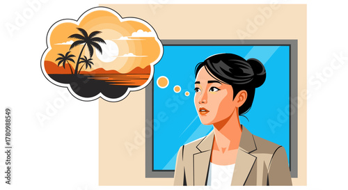 A young Asian businesswoman experiences burnout and stress, longing for a tropical vacation as she stares out the office window, seeking escape and relaxation.