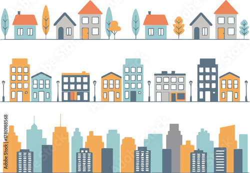 city residential suburb houses midrise buildings highrise skyline vector