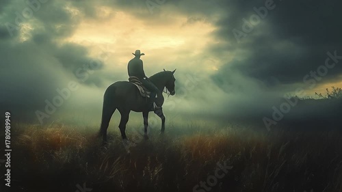 Lone Cowboy on Horseback Under Dramatic Stormy Sky.