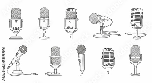 Hand-drawn sketch microphone collection vector illustration. Vintage and modern audio recording concept