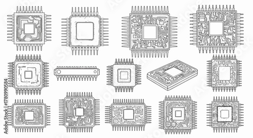 Set of various computer microchips and processor icons in a detailed line art sketch vector illustration