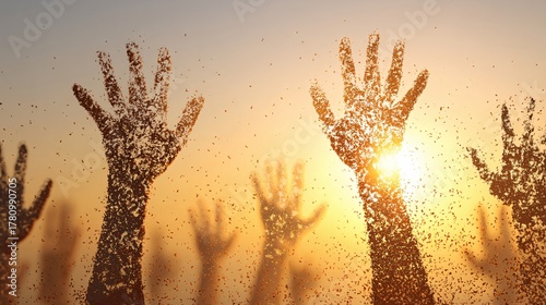 digital art showing transparent hands dissolving into golden particles as they reach toward the sun, symbolizing transformation and ambition abstract hands particles dissolve gold light transformation