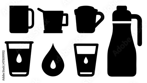 Black and white vector illustration of different types of drinkware icons set