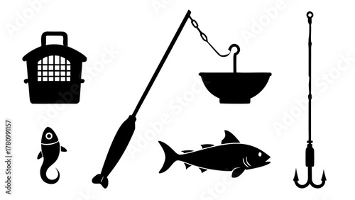 Fishing equipment and fish silhouettes arranged in a graphic vector design