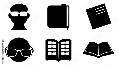 Black and white vector illustration of books and people wearing glasses