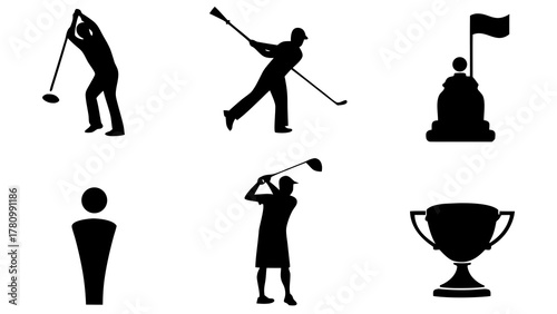 Golf silhouettes showing players in action and symbols of the sport and victory