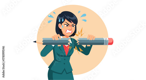 An adult Asian businesswoman is feeling overwhelmed and stressed at work, as she breaks a pencil in frustration due to burnout and pressure.