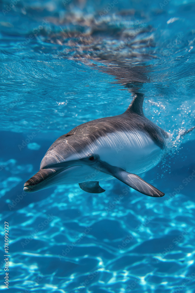 Obraz premium dolphin swimming under water in an azure blue sea
