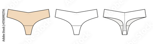 Low-Rise Thong Technical Fashion Illustration. Women’s Underwear Vector Template. Front, Back, and Side View. Minimalist Lingerie Design. Comfortable Fit. CAD Mockup.
