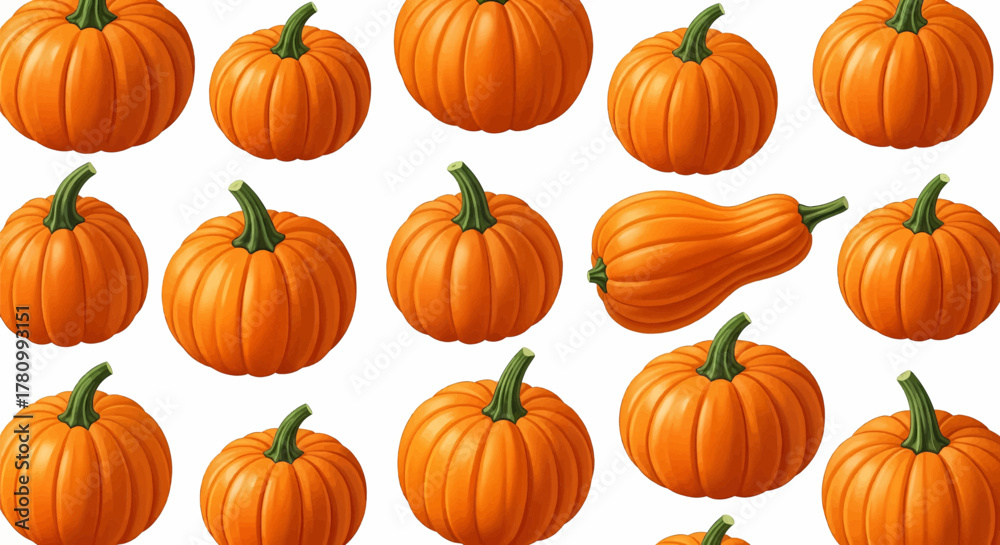 A vibrant seamless pattern of ripe orange pumpkins, a festive autumn harvest vector illustration for Halloween