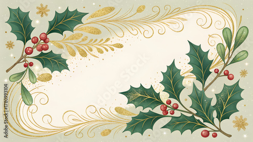 Elegant Christmas border with mistletoe and holly leaves, gold dust and copy space.