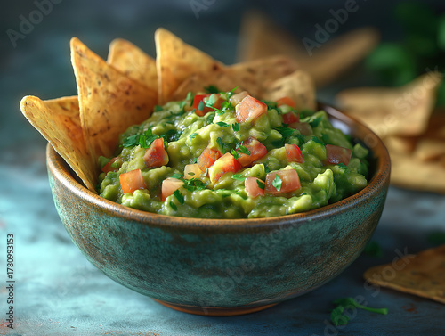 Chunky Guacamole Served with a Stack of Tortilla Chips