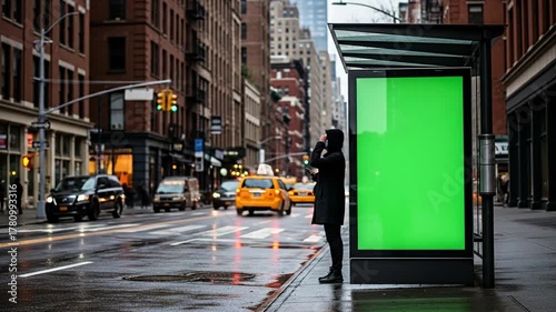 Modern digital OOH advertising at New York City bus stop with green screen