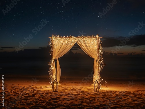 Magical beach wedding altar under starry sky at twilight creates romantic scene for elopement or destination celebration, perfect for travel and event planning