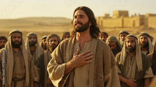 Man preaches to a crowd in ancient biblical times in an arid land. Apostolic preaching to men in Judean desert.