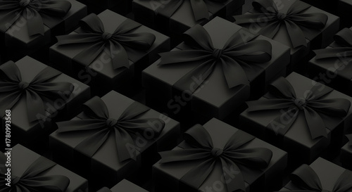 Black gift boxes presents with ribbon bow background pattern celebration birthday surprise concept