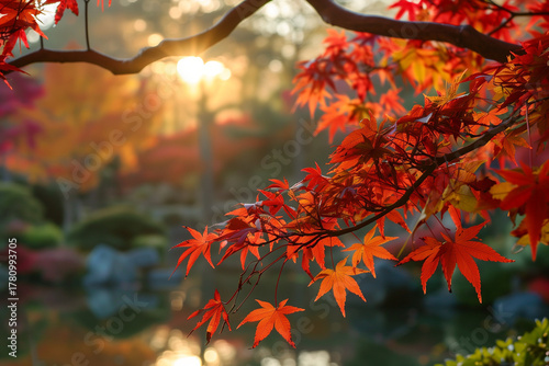 日本の秋の紅葉風景 朝日に照らされた鮮やかなカエデの葉
Japanese Autumn Maple Foliage Landscape with Morning Sunlight in Zen Garden
