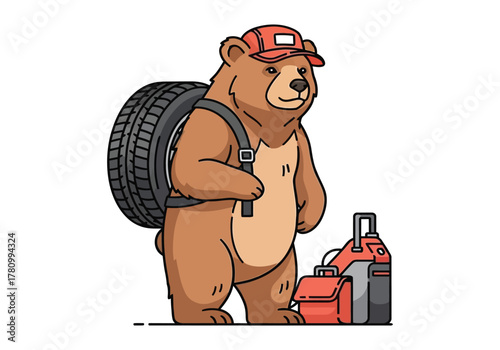 A cartoon brown bear character dressed as a mechanic with a tire, gas can, and toolbox for roadside assistance.