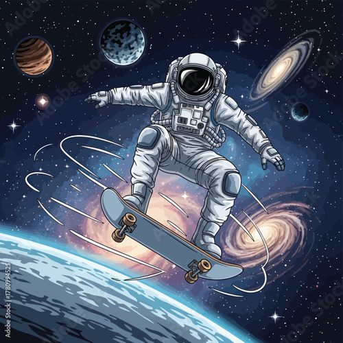 Astronaut skateboarding in outer space with planets and galaxies illustration