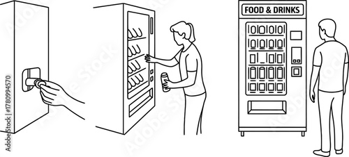 Vending machine purchasing process illustration with various steps including coin insertion, product retrieval, and full machine view, depicting automation and convenience.